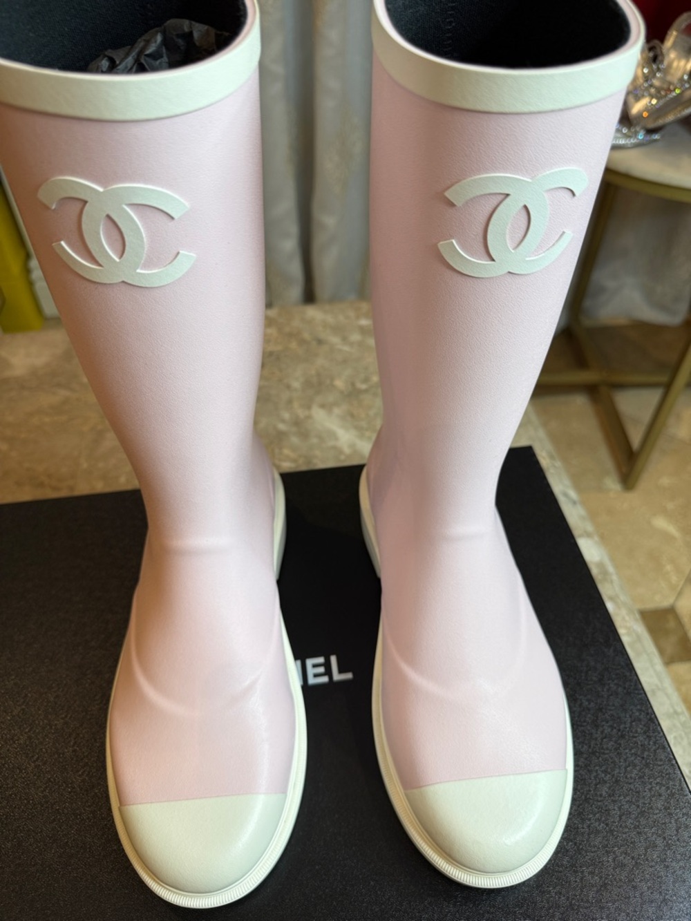 CHANEL Pale Pink and White Rubber Knee-High Rain Boots - Picture 9 of 11